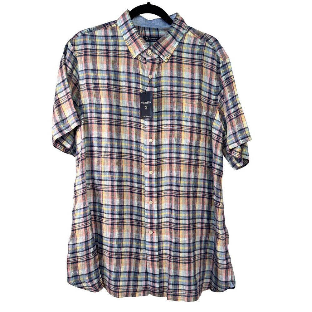Cremeux Classics XL Mens Plaid Button-Down Shirt 100% Linen Short Sleeve